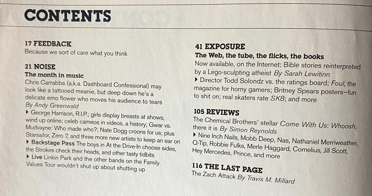 Contents page of Spin Magazine February 2002, showcasing sections including Feedback, Noise, and Reviews, providing insights into the music scene of the time.