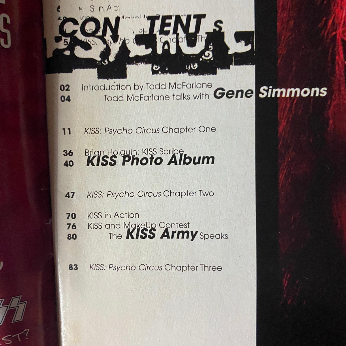 Table of contents from the 1998 Premiere Issue of Todd McFarlane Presents Kiss Psycho Circus, featuring an introduction by Todd McFarlane and various chapters on KISS.