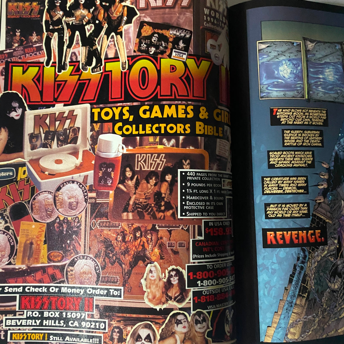 An advertisement showcasing KISS memorabilia and toys from the 1998 Premiere Issue of Todd McFarlane Presents Kiss Psycho Circus, highlighting collectibles for fans.