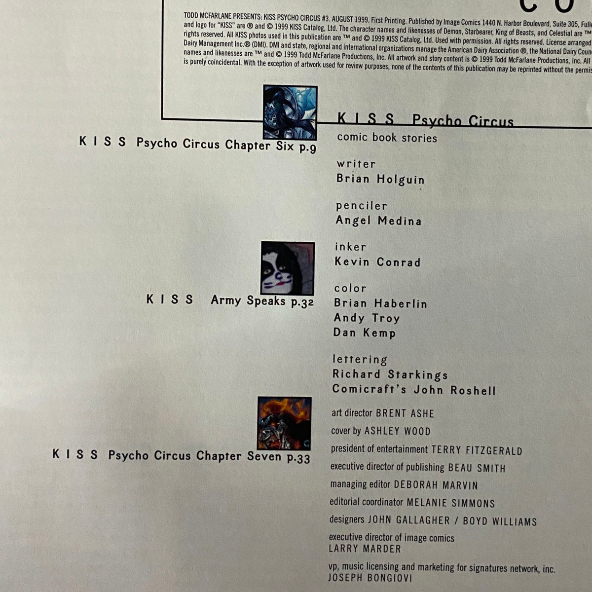 1999 Todd McFarlane Presents Kiss Psycho Circus magazine page featuring details about comic stories including Chapter Six and KISS Army Speaks. A must-have for collectors.