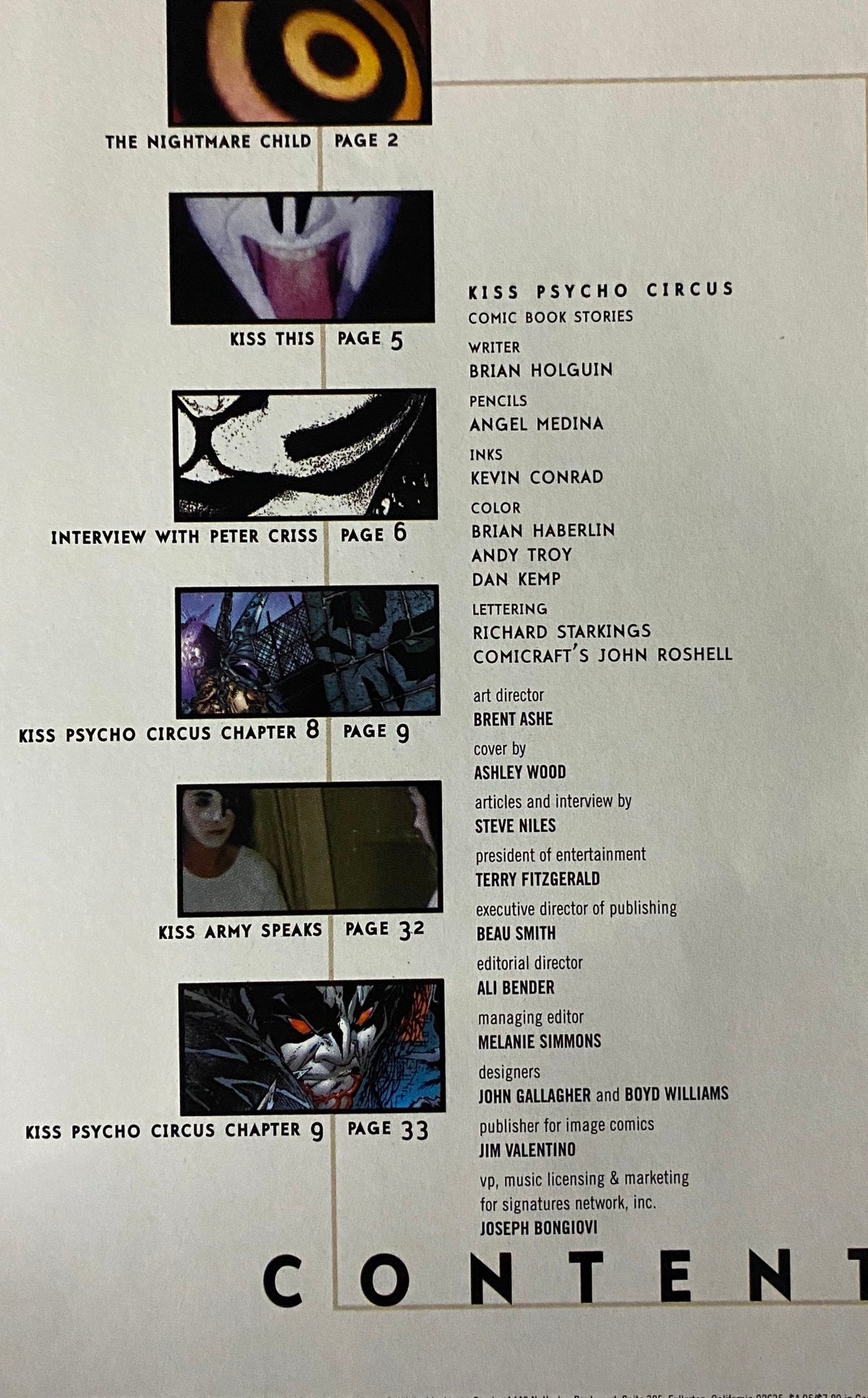 Content page featuring the titles and page numbers of stories in the 1999 Todd McFarlane Presents Vol 4 Kiss Psycho Circus magazine.