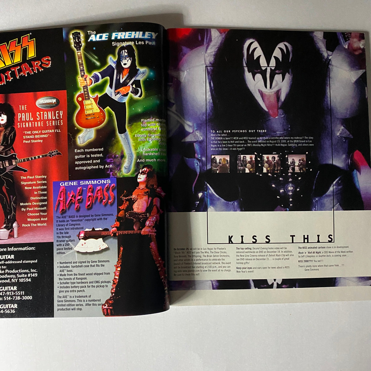 Inside spread showcasing promotional material and graphics related to KISS, from the 1999 Todd McFarlane Presents Vol 4 Kiss Psycho Circus magazine.