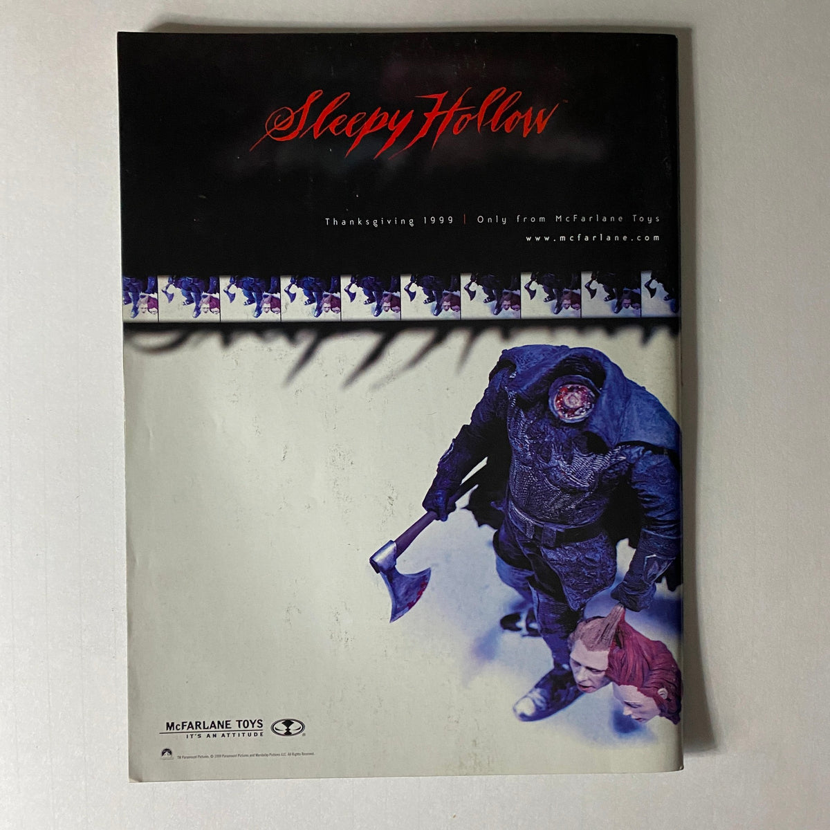Back cover of the 1999 Todd McFarlane Presents Vol 4 Kiss Psycho Circus magazine, featuring promotional information for Sleepy Hollow from McFarlane Toys.