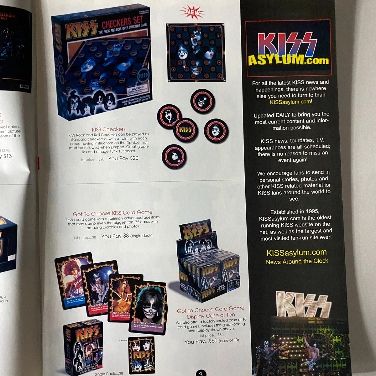 Interior page of KISS Museum.com Catalog Winter 2007 showcasing KISS Checkers Set and Got To Choose KISS Card Game merchandise.