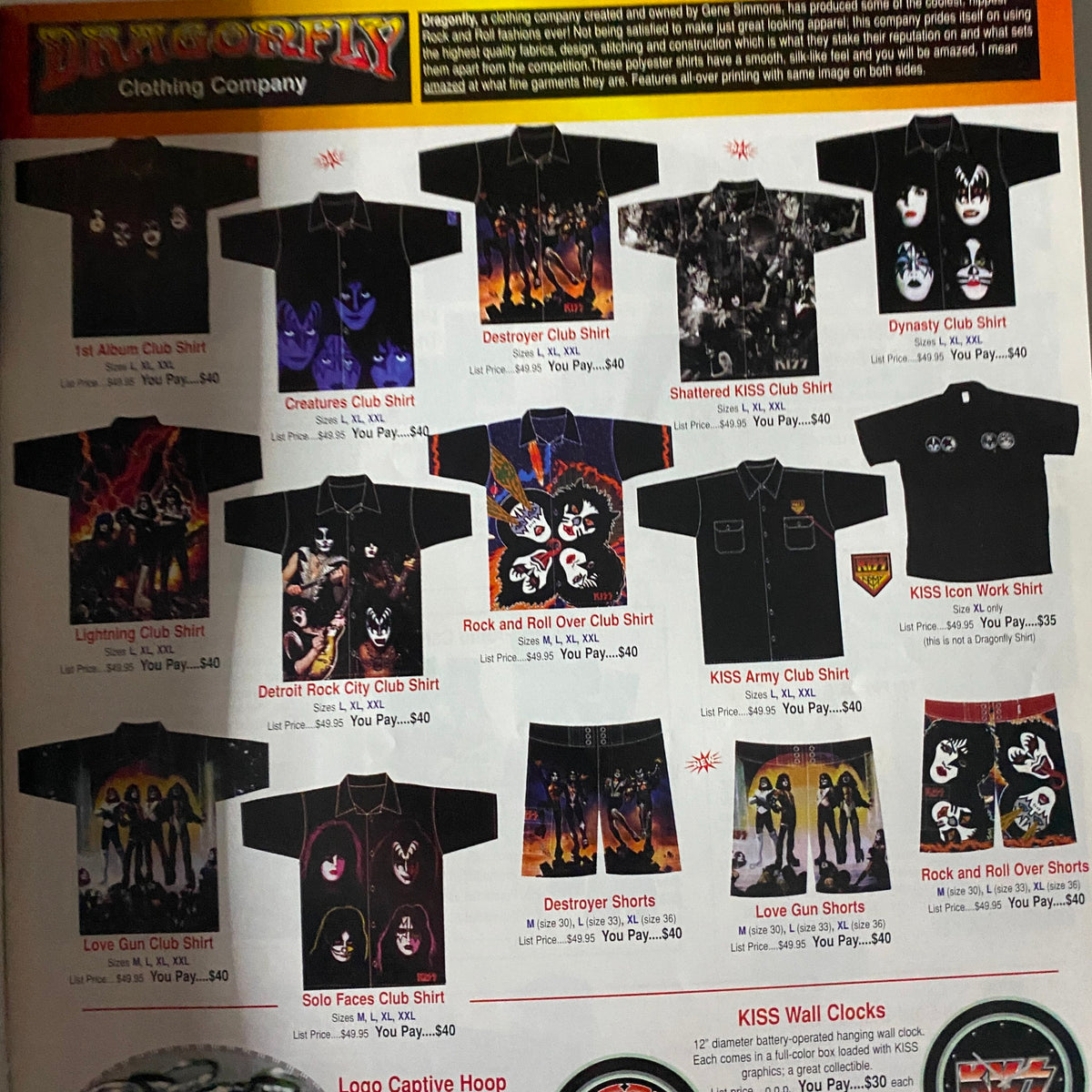 KISS Museum.com Catalog Christmas 2002 page showcasing various KISS club shirts and shorts for sale.