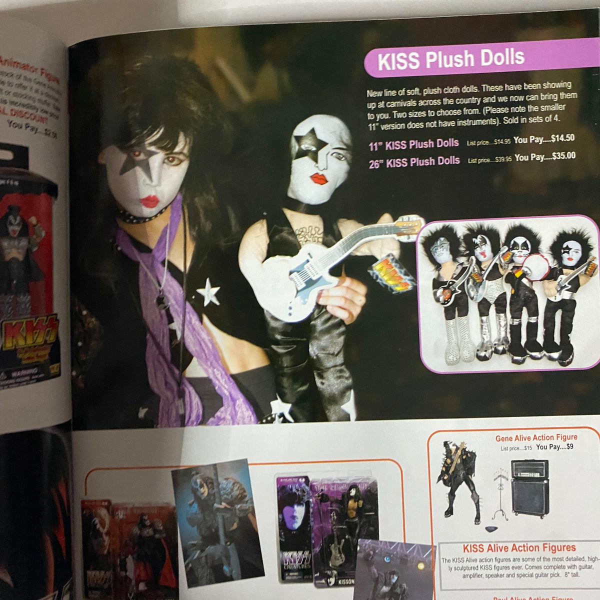 Image from the KISS Museum.com Catalog 2005 featuring KISS Plush Dolls, showcasing collectibles of the band's characters in plush form.
