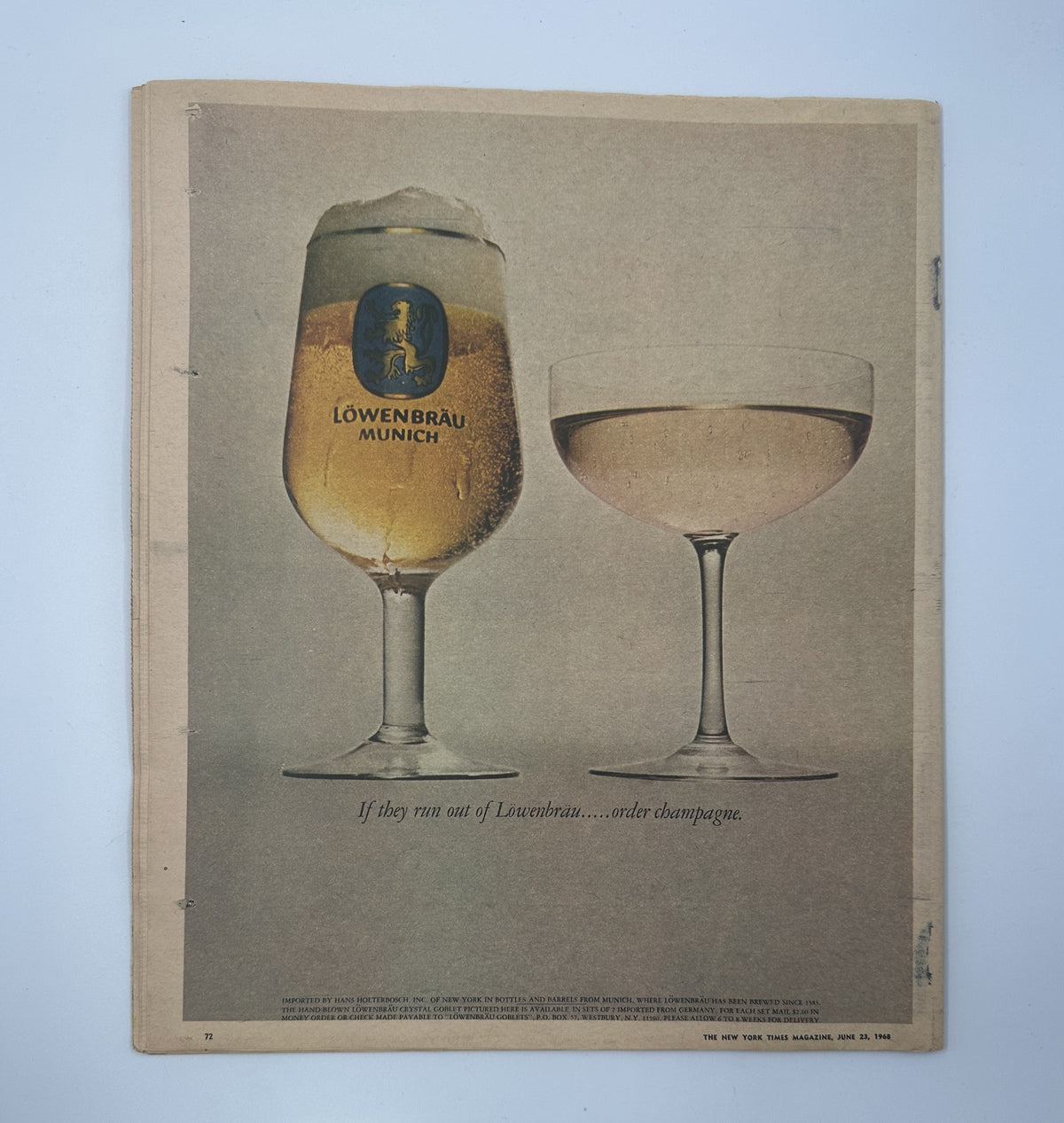 Advertisement for Löwenbräu beer featuring a glass of beer and a champagne glass. The title reads 'The New York Times Magazine June 23, 1968 French Protests Cover VG'.