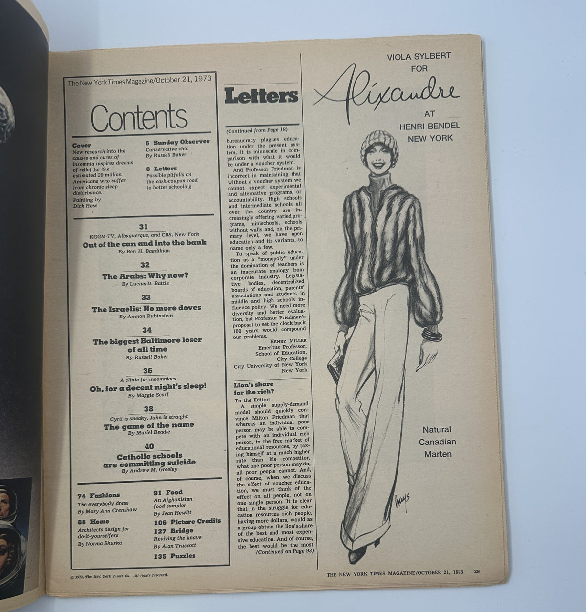 Contents page of The New York Times Magazine from October 21, 1973, including a sketch of a fashionable model and various article listings related to letters and social commentary.