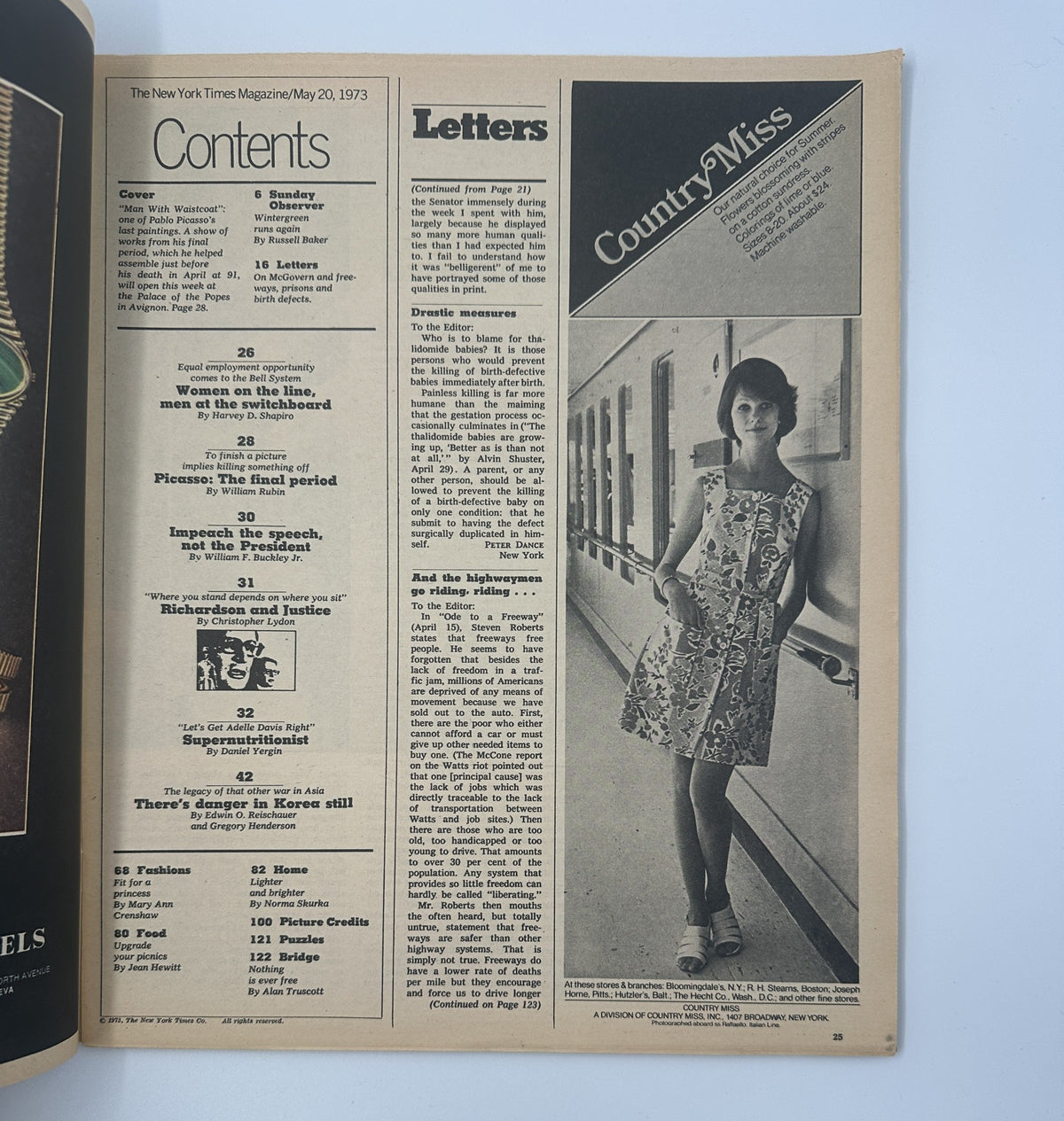 Inside page of The New York Times Magazine May 20, 1973 displaying the Table of Contents including various articles and features.