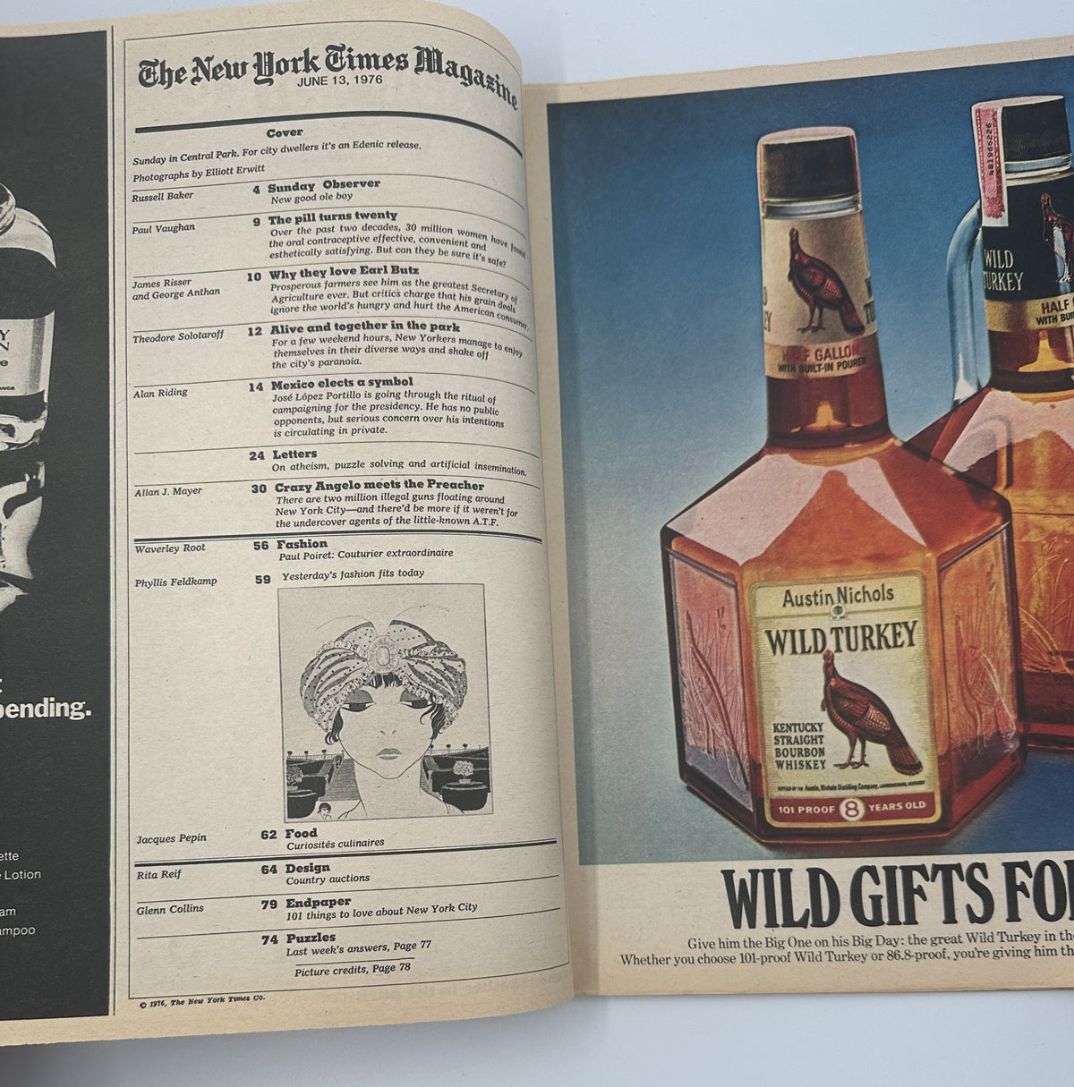 Interior spread of The New York Times Magazine June 13, 1976 showcasing the Table of Contents with various articles including 'Sunday in Central Park' and product advertisement for Wild Turkey whiskey.