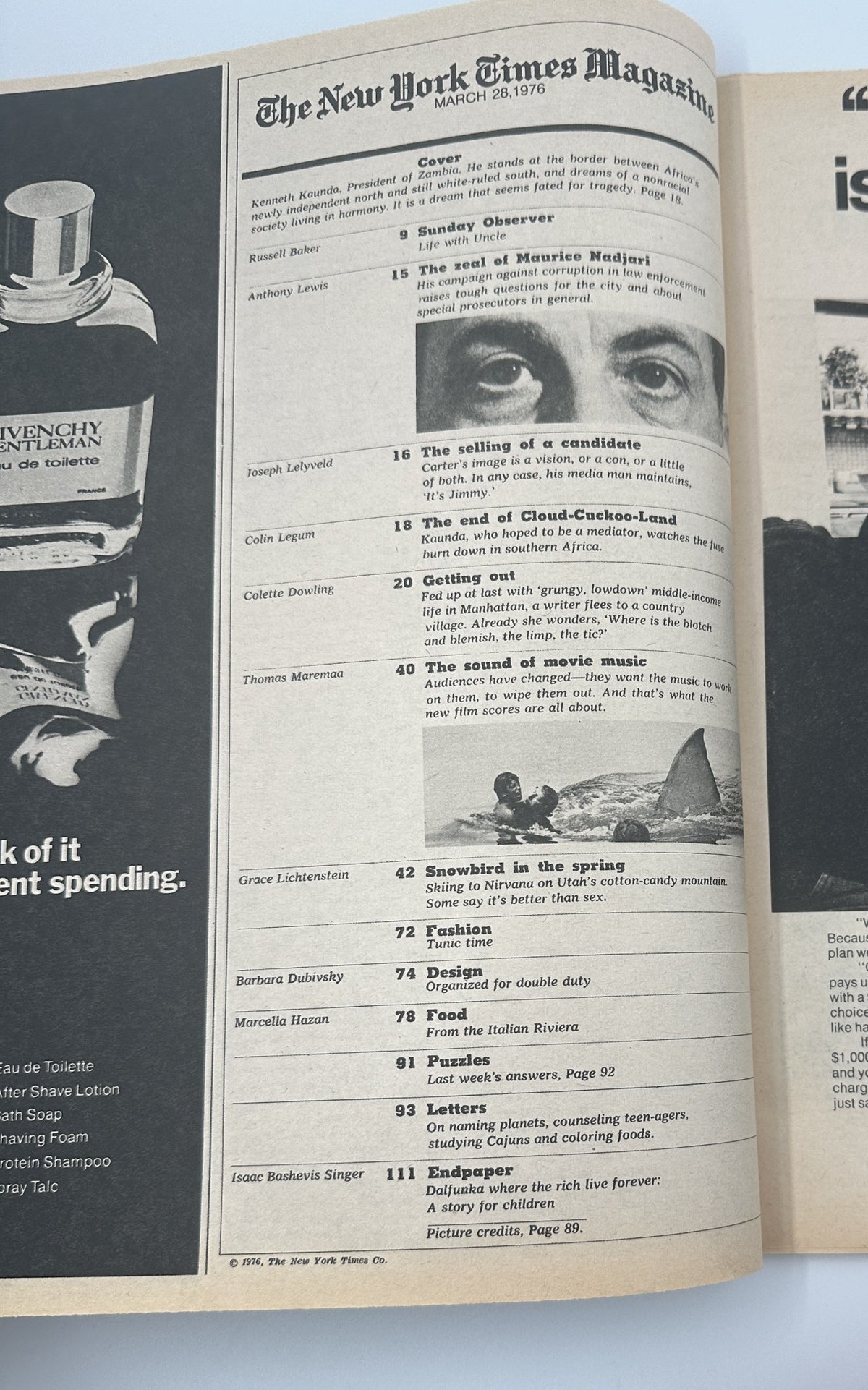 Inside page of The New York Times Magazine March 28, 1976 displaying the Table of Contents, including articles by notable writers like Russell Baker and Anthony Lewis.