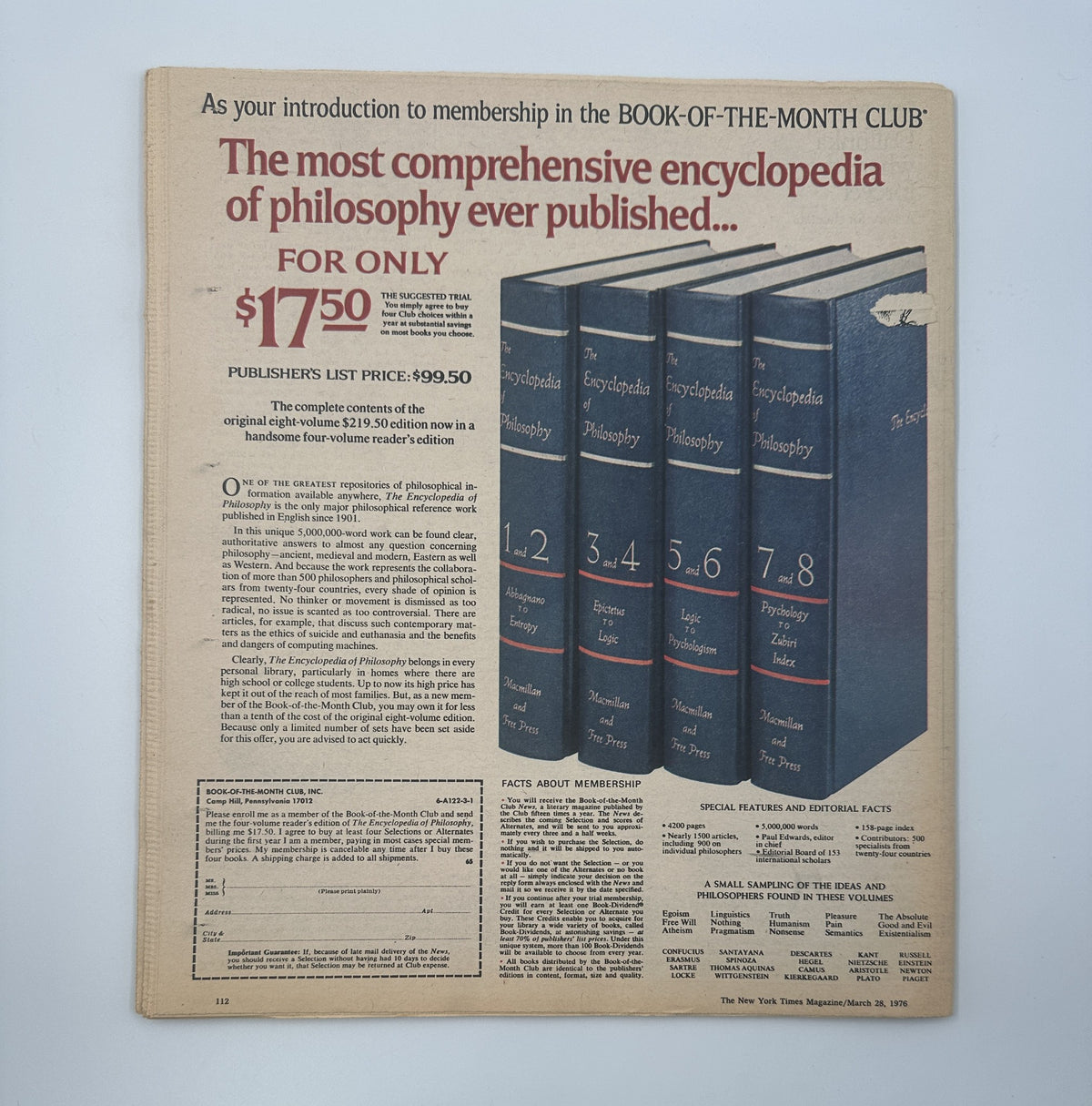 Back cover of The New York Times Magazine March 28, 1976 promoting the Book-of-the-Month Club's Encyclopedia of Philosophy.