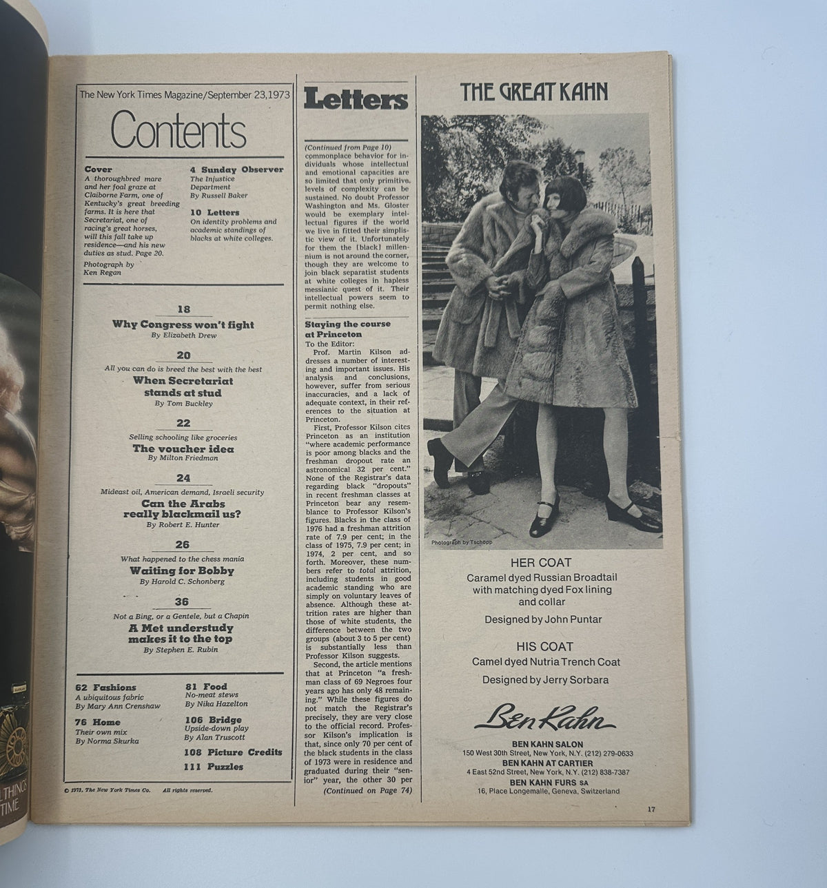 Inside page of The New York Times Magazine, September 23, 1973, displaying the Table of Contents and a section on letters, showcasing classic typesetting and design from that era.