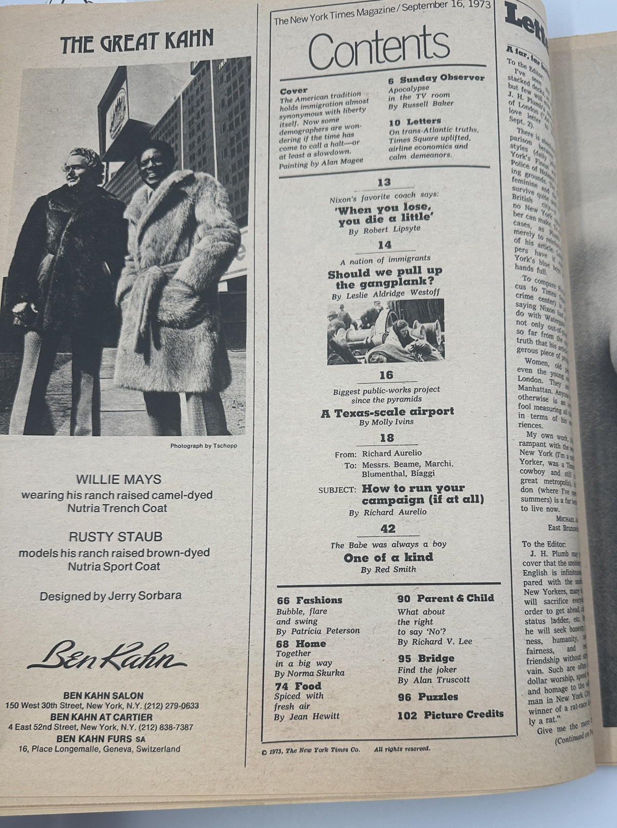 The New York Times Magazine September 16, 1973 featuring 'The Great Kahn' with Willie Mays and Rusty Staub. The image shows the cover and Table of Contents highlighting various articles, including a piece on immigration and a section on fashion.
