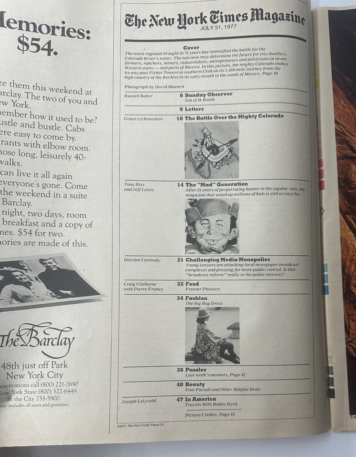 Table of contents page from The New York Times Magazine July 31, 1977. This page includes titles of featured articles such as 'The Battle Over the Mighty Colorado' and 'Challenging Media Monopolies,' highlighting the magazine's range of topics and insights.