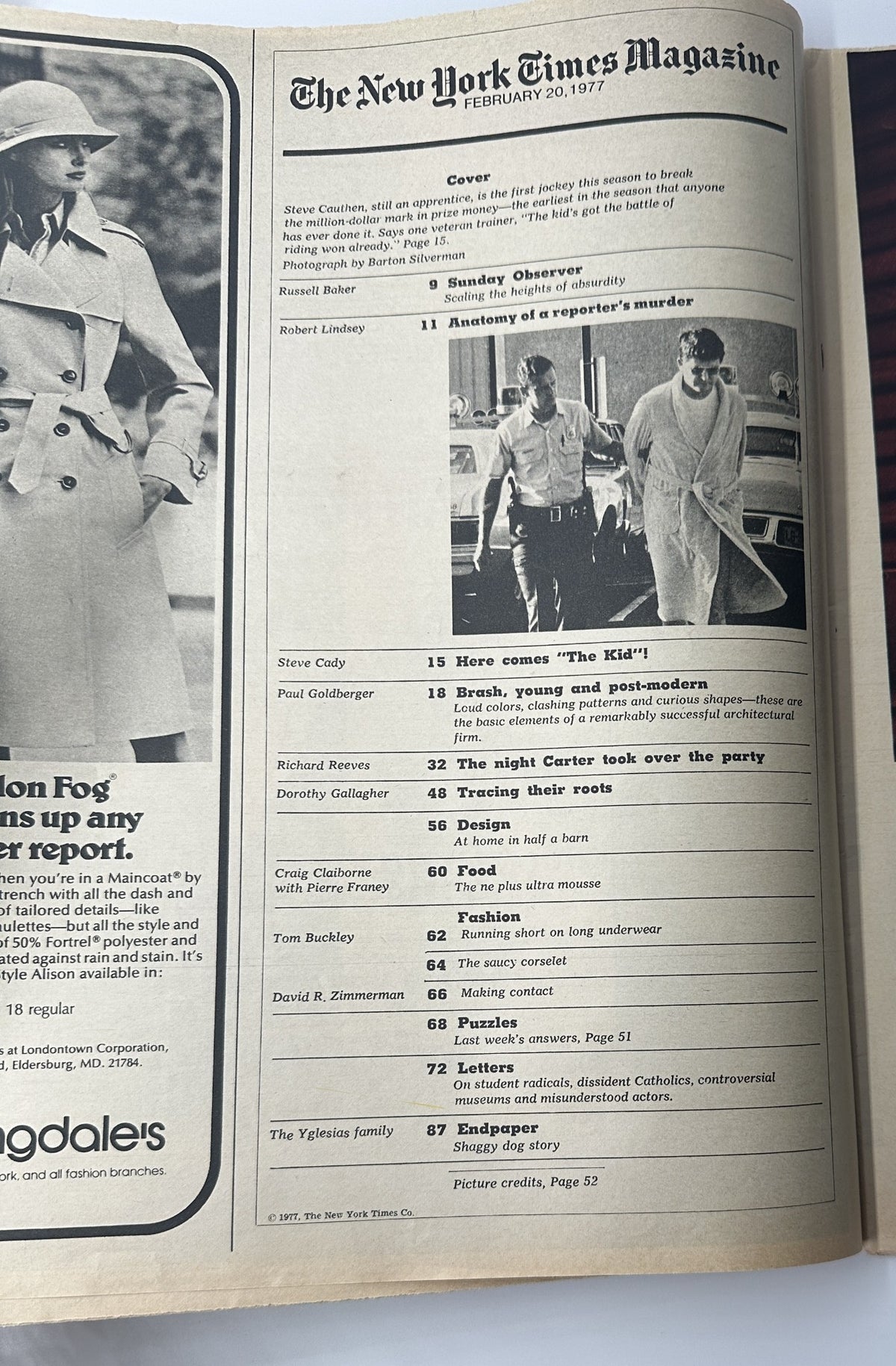 An interior page of The New York Times Magazine February 20, 1977 displaying the Table of Contents which includes articles such as 'Sunday Observer,' 'Anatomy of a Reporter’s Murder,' and 'Here Comes The Kid!' featuring jockey Steve Cauthen.