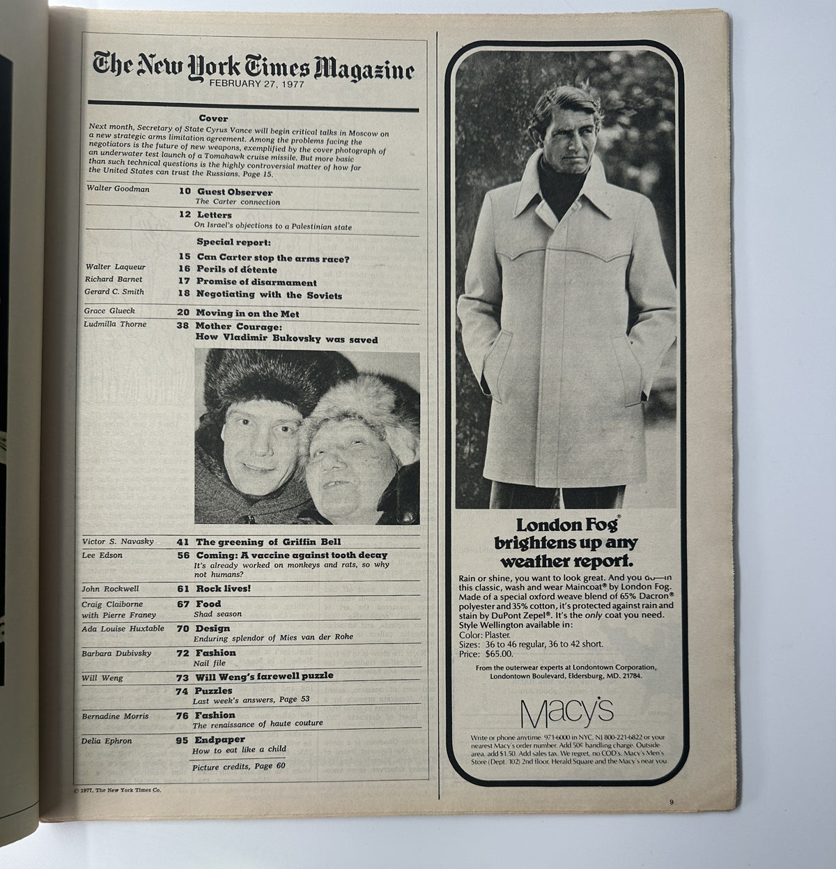 Inside page of The New York Times Magazine from February 27, 1977 displaying the Table of Contents, including notable articles like 'Guest Observer' and advertisements featuring fashion, reflecting the magazine's diverse content.
