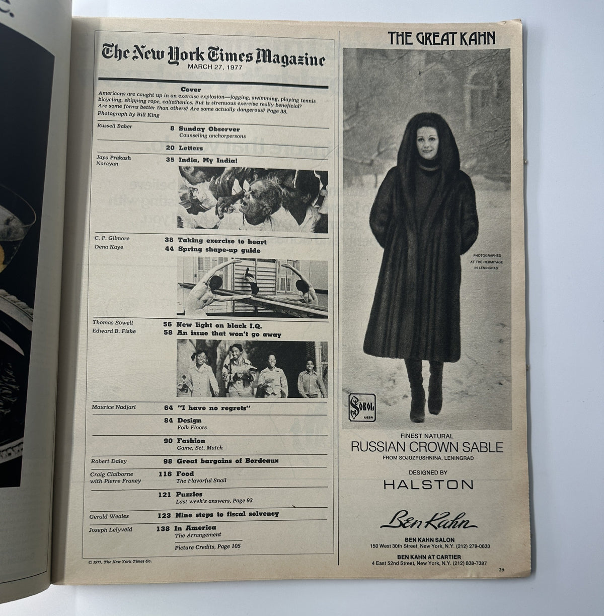 The New York Times Magazine March 27, 1977 showing the Table of Contents, including articles like 'Sunday Observer' and 'Spring shape-up guide', alongside an advertisement for Halston's Russian crown sable coat.