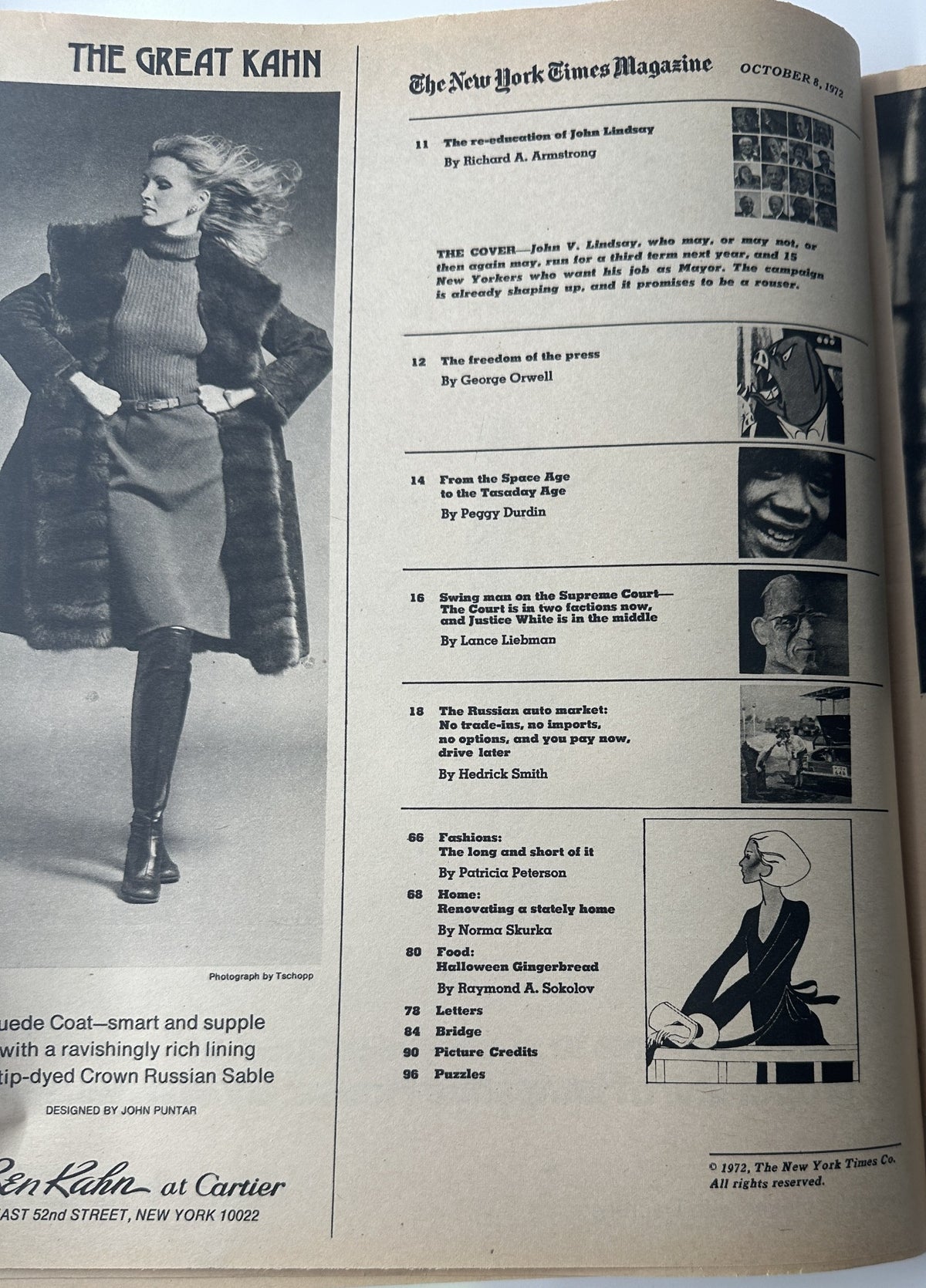 Inside page of The New York Times Magazine, October 8, 1972, showcasing an advertisement for a fur coat along with the Table of Contents for the issue.