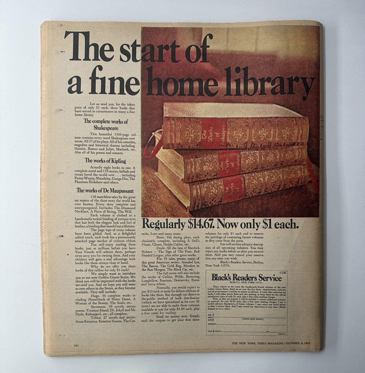 Back cover of The New York Times Magazine, October 8, 1972, displaying an advertisement for a fine home library including works of Shakespeare and others.