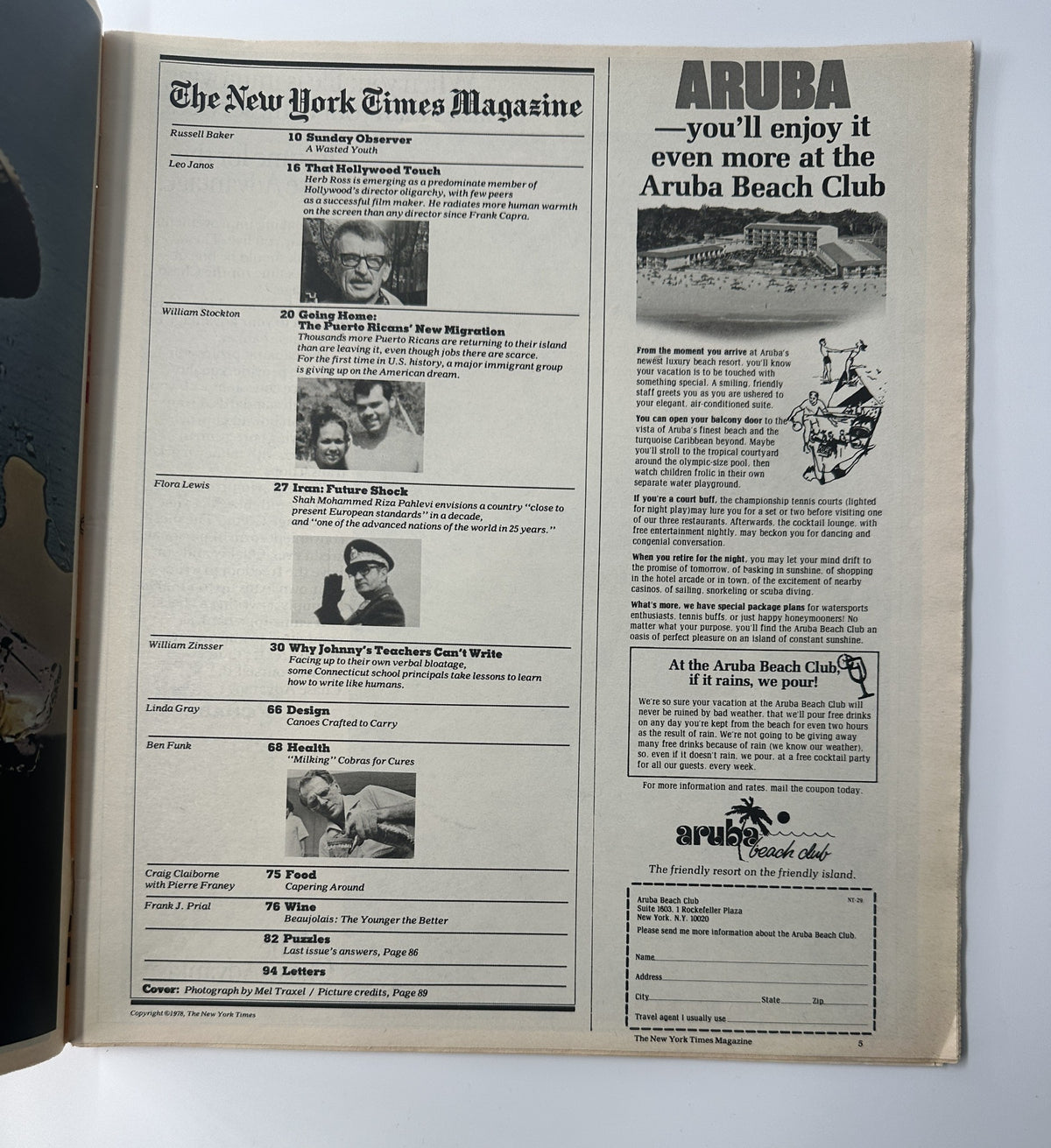 Interior page of The New York Times Magazine from 1978 showing the Table of Contents, including articles like 'The Hollywood Touch' and 'Why Johnny’s Teachers Can’t Write'.