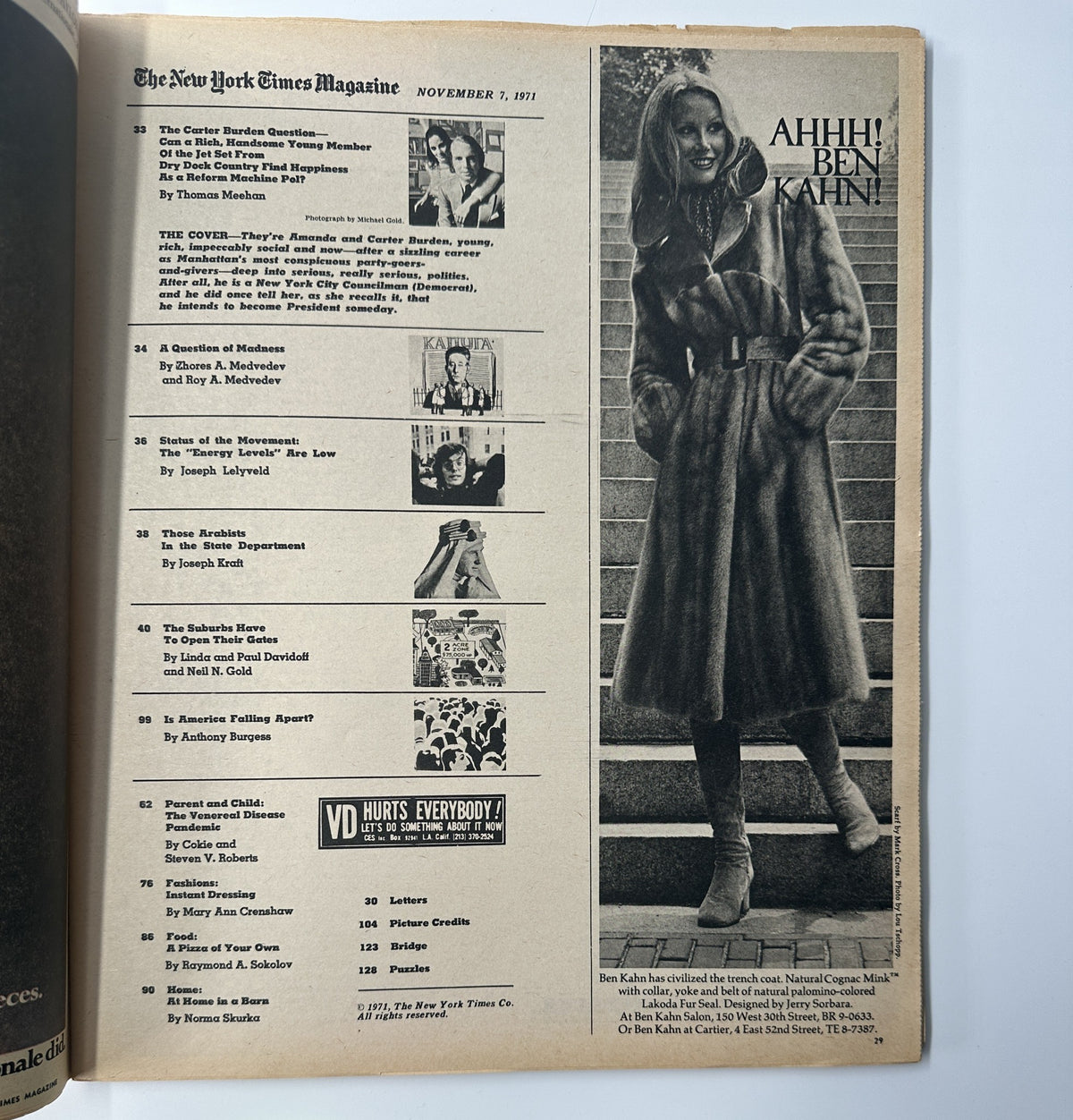 Inside page from The New York Times Magazine November 7, 1971, displaying the contents overview, including articles about the Burdens and other significant topics of the time.