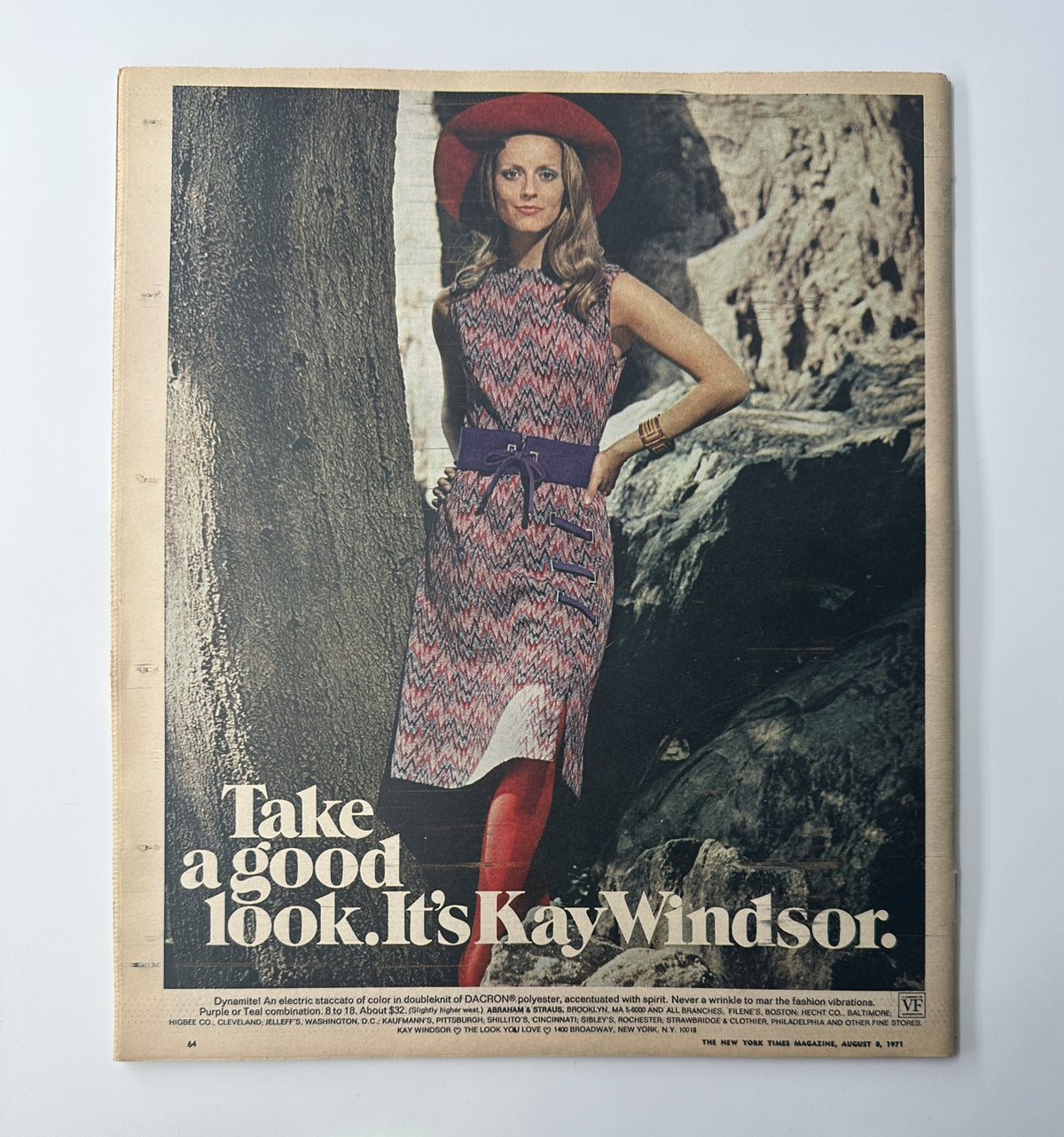 Back cover of The New York Times Magazine August 8, 1971, featuring a promotional advertisement for Kay Windsor fashion, showcasing a woman in a stylish dress and hat.