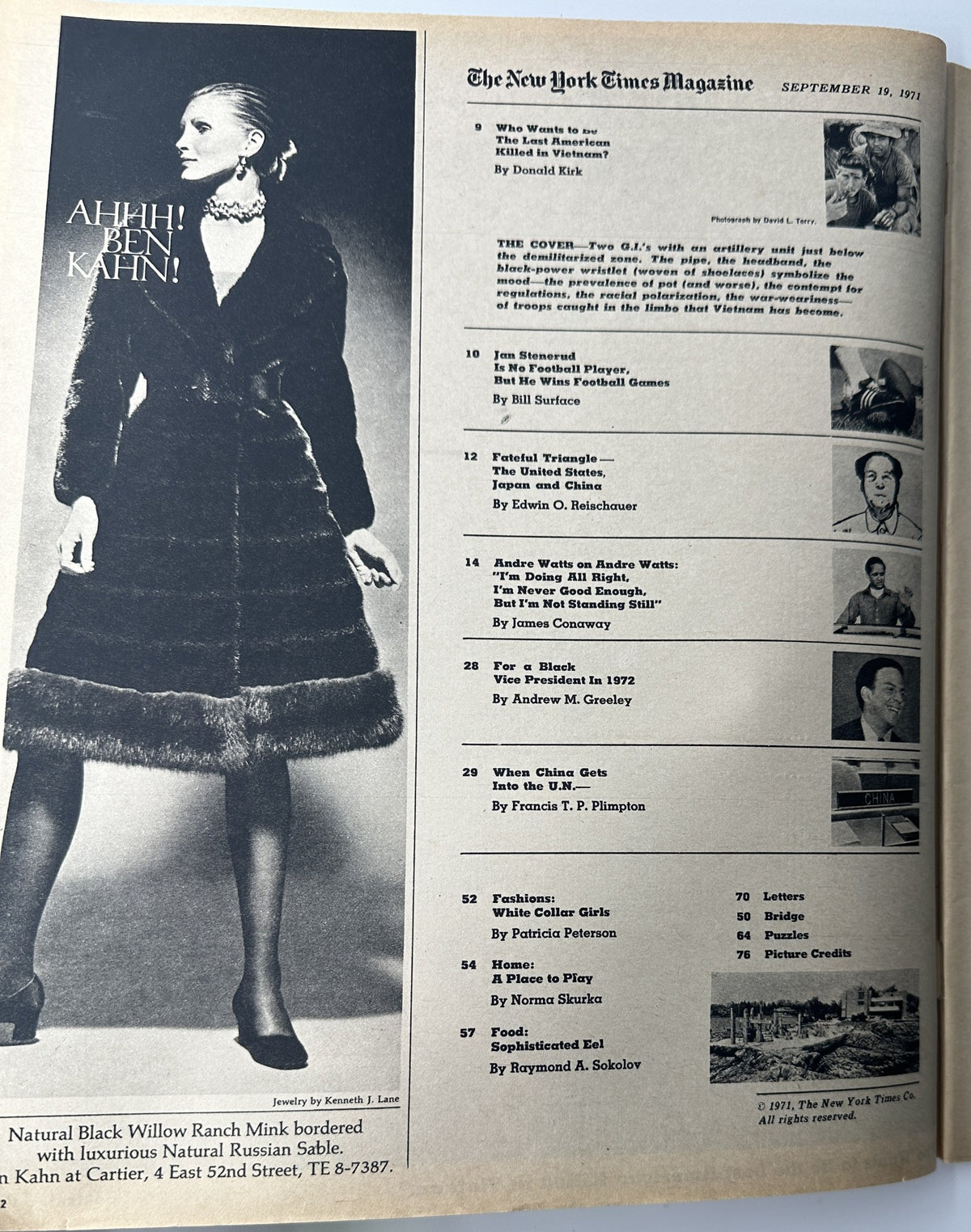 Page from The New York Times Magazine, September 19, 1971, showcasing the Table of Contents. Features articles including 'Who Wants to Be the Last American Killed in Vietnam?' and fashion highlights, reflecting the era's cultural context.