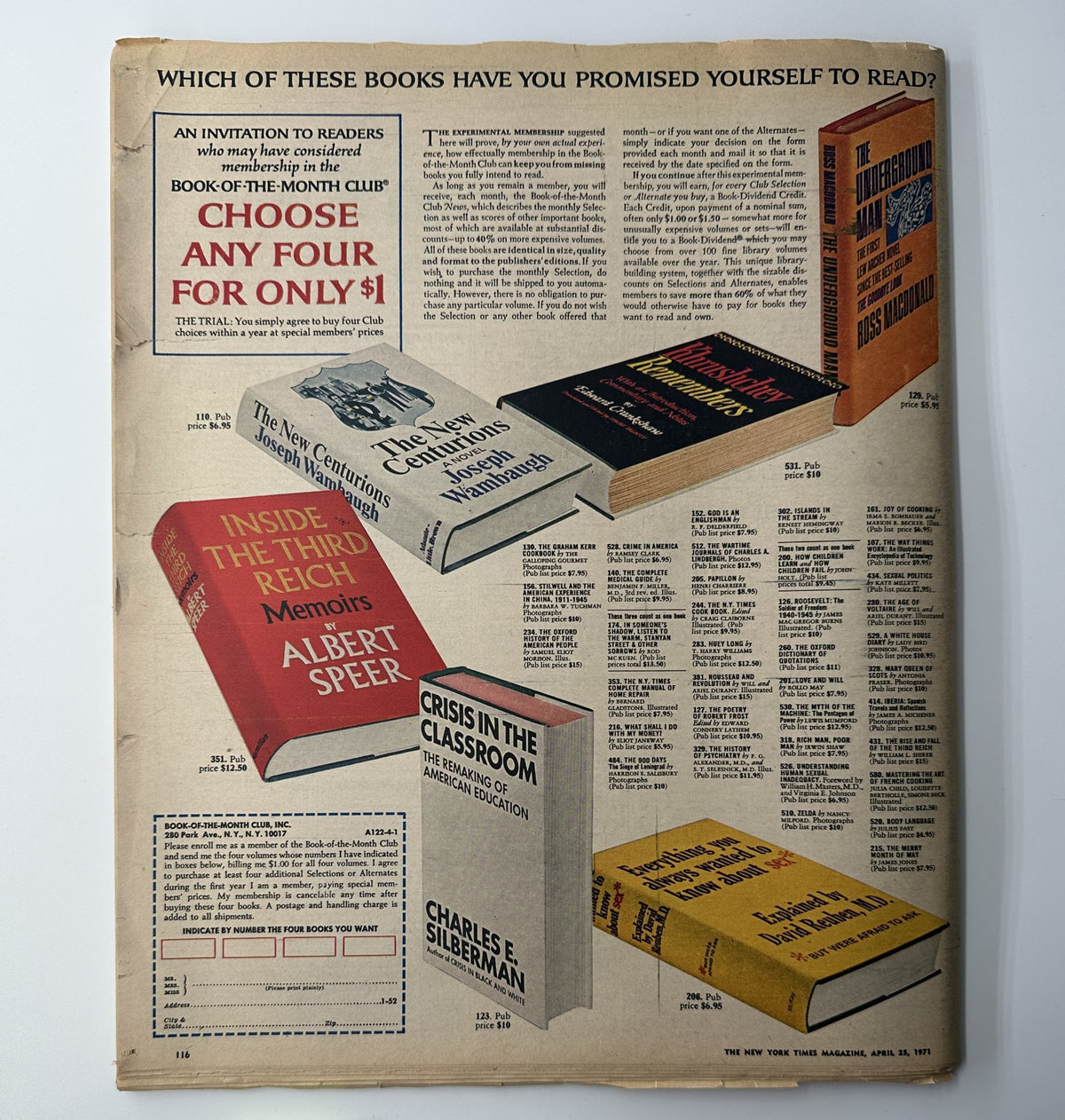 Back cover of The New York Times Magazine April 25, 1971, featuring advertisements for several books including 'Inside the Third Reich' and 'Crisis in the Classroom'.