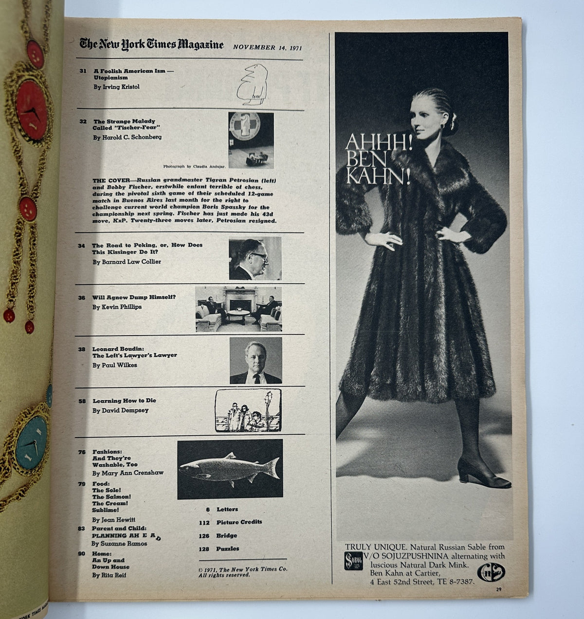 An interior page of The New York Times Magazine from November 14, 1971, showcasing the table of contents alongside a fashion advertisement featuring a model in a fur coat.