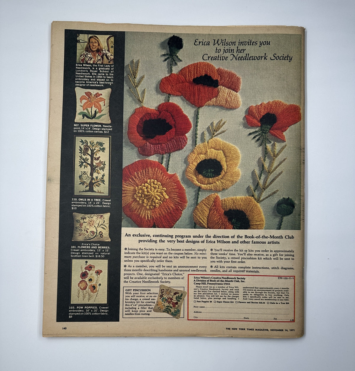 The back cover of The New York Times Magazine November 14, 1971, displaying an advertisement for creative needlework featuring floral designs by Erica Wilson.