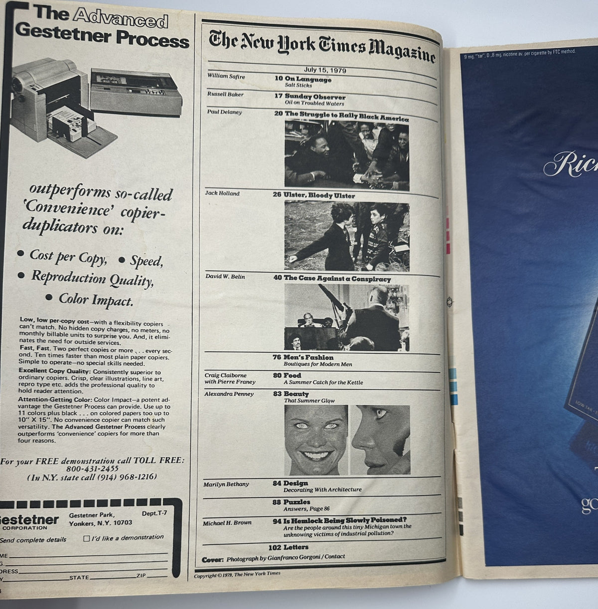 Inside spread of The New York Times Magazine July 15, 1979, displaying the Table of Contents and notable article titles.