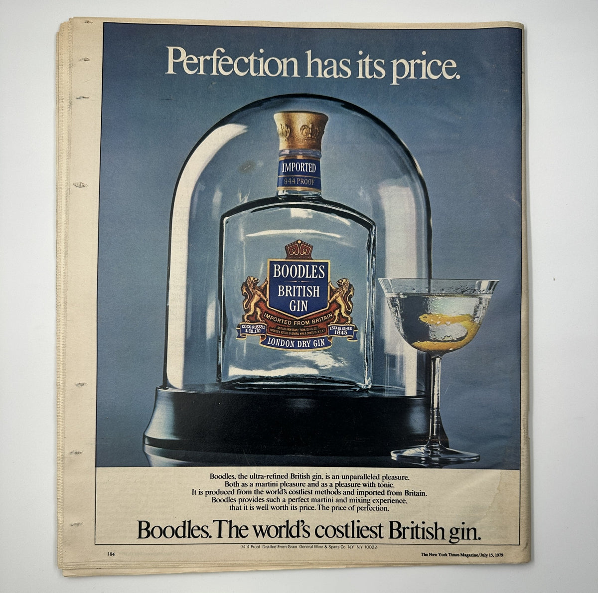 Cover advertisement featuring Boodles British gin from The New York Times Magazine July 15, 1979, highlighting premium quality and luxury.