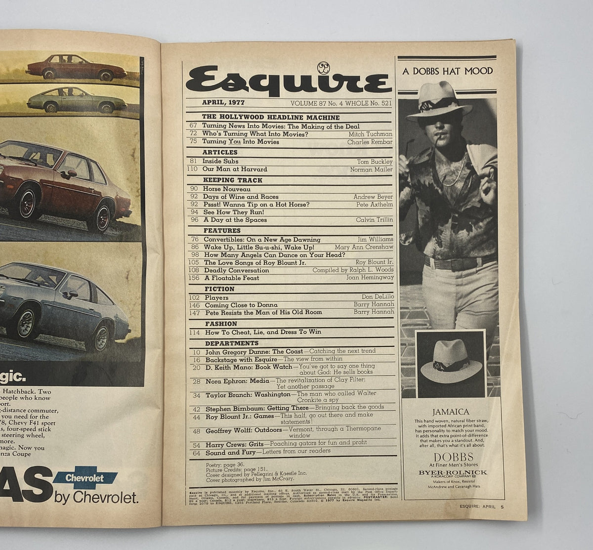 Esquire Magazine April 1977 Table of Contents page, detailing features such as 'Turning News Into Movies' and 'How to Win Money at the Races'.