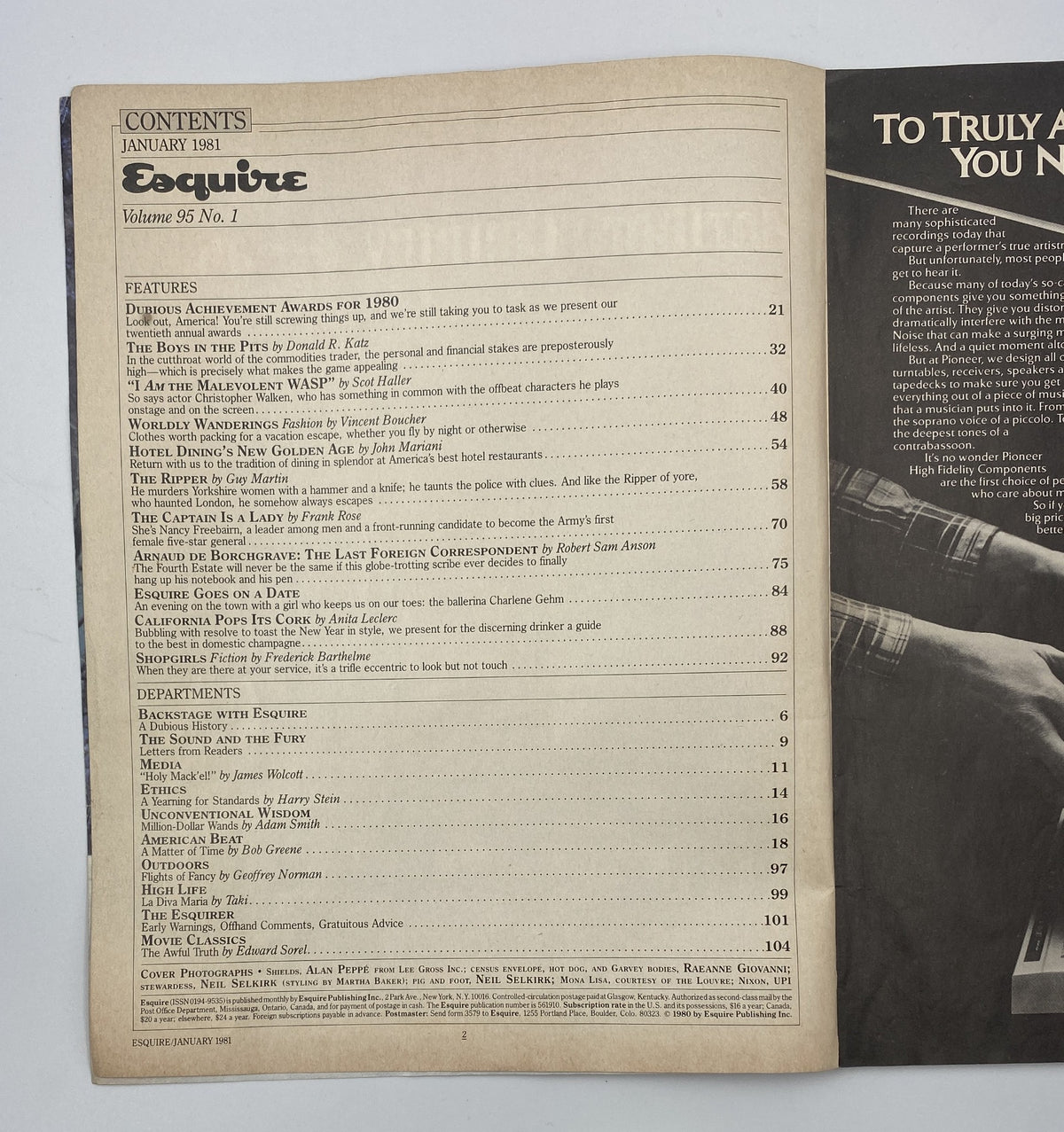 Inside page of Esquire Magazine January 1981 displaying the Table of Contents, highlighting features such as Dubious Achievement Awards and articles related to culture and society.