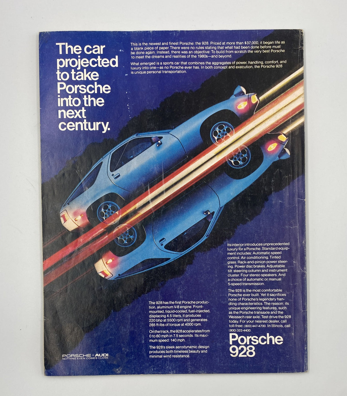 Back cover of Esquire Magazine January 1981, featuring an advertisement for Porsche 928 showcasing its innovative design and performance.