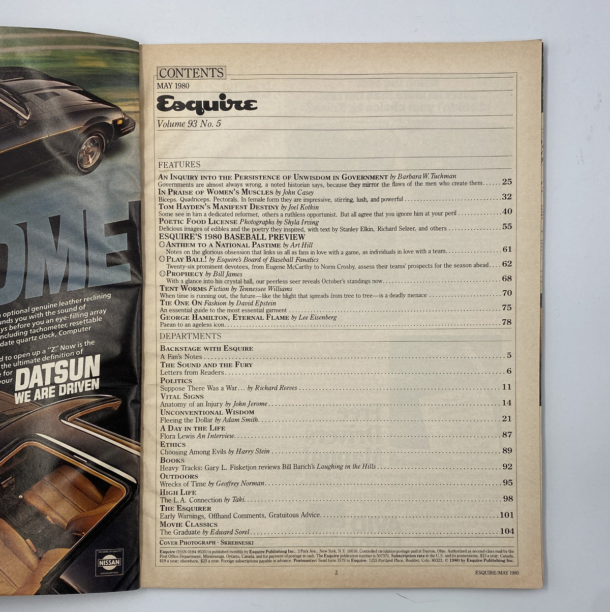 Interior page of Esquire Magazine May 1980 displaying the Table of Contents, highlighting feature articles including 'In Praise of Women’s Muscles'.