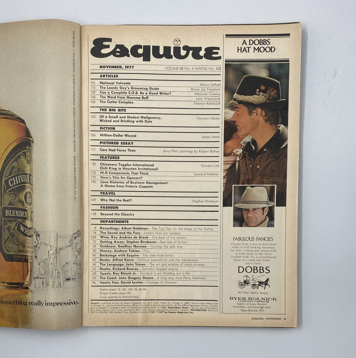 Inside page of Esquire Magazine November 1977 displaying the Table of Contents, including articles by Aaron Latham, Norman Mailer, and James Jones, showcasing various topics like grooming, writing, and fashion.