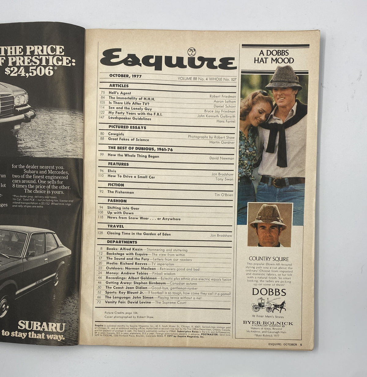 Esquire Magazine October 1977 Table of Contents page listing articles such as 'Hell's Agent' and 'Sex and the Lonely Guy', also highlighting features like the Dallas Cowgirls.