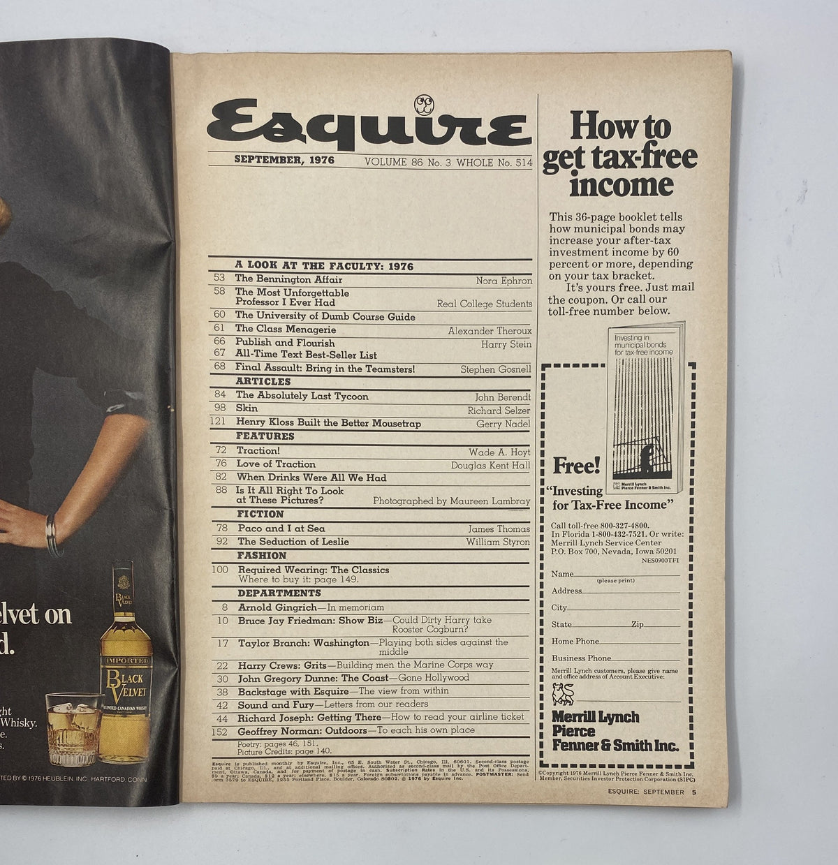 Inside Esquire Magazine September 1976 displaying the Table of Contents, including articles like 'The University of Dumb Course Guide' and 'The Absolutely Last Tycoon'.