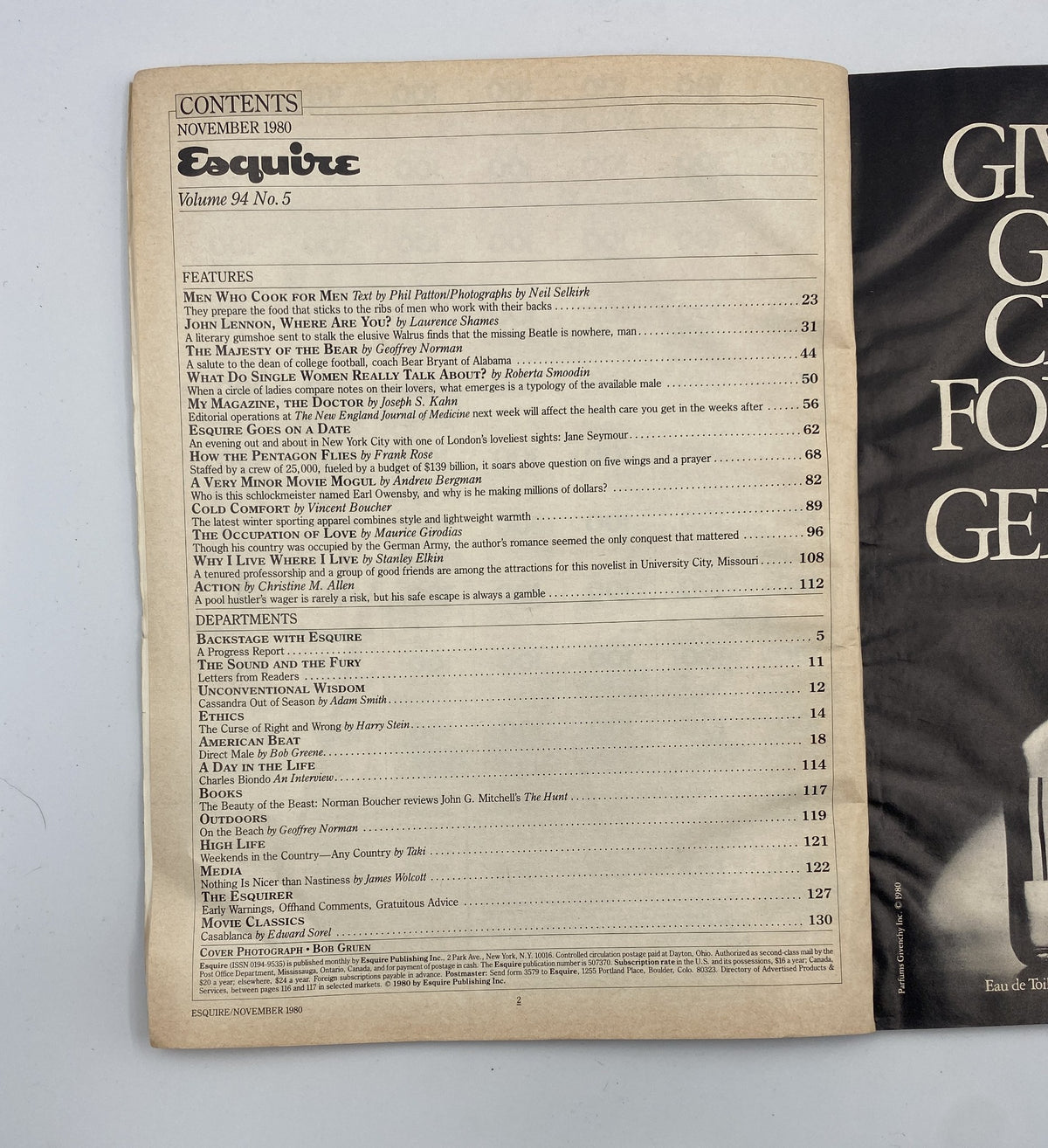 Table of Contents page from Esquire Magazine November 1980, detailing articles including 'John Lennon, Where Are You?' and features on Bear Bryant and Pentagon insights.