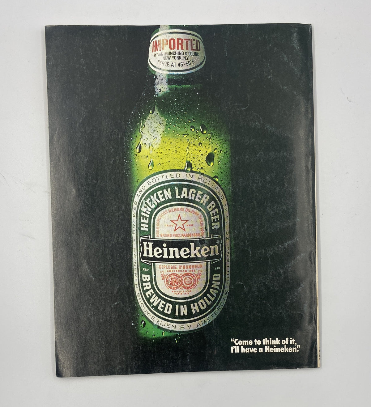 Back cover of Esquire Magazine January 1984 displaying a Heineken beer advertisement with the tagline, 'Come to think of it, I'll have a Heineken.'