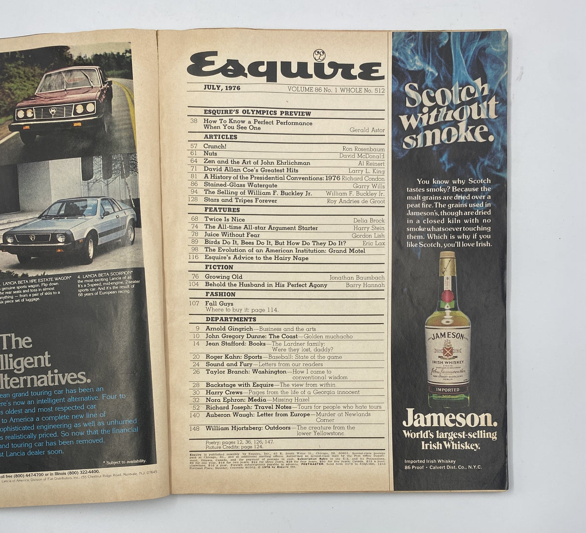 Esquire Magazine July 1976 cover displaying the title and articles including 'Esquire’s Olympics Preview' and 'How To Know a Perfect Performance' by Gerald Astor, featuring various vintage designs.