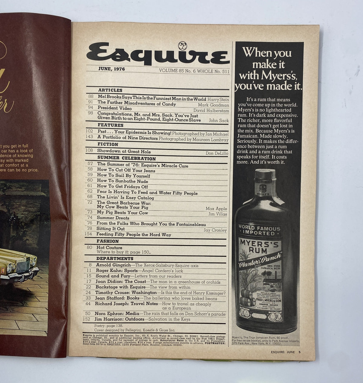 Contents page of Esquire Magazine June 1976 Summer Special Fashion Travel Food Party Guide with articles on summer activities and lifestyle tips.