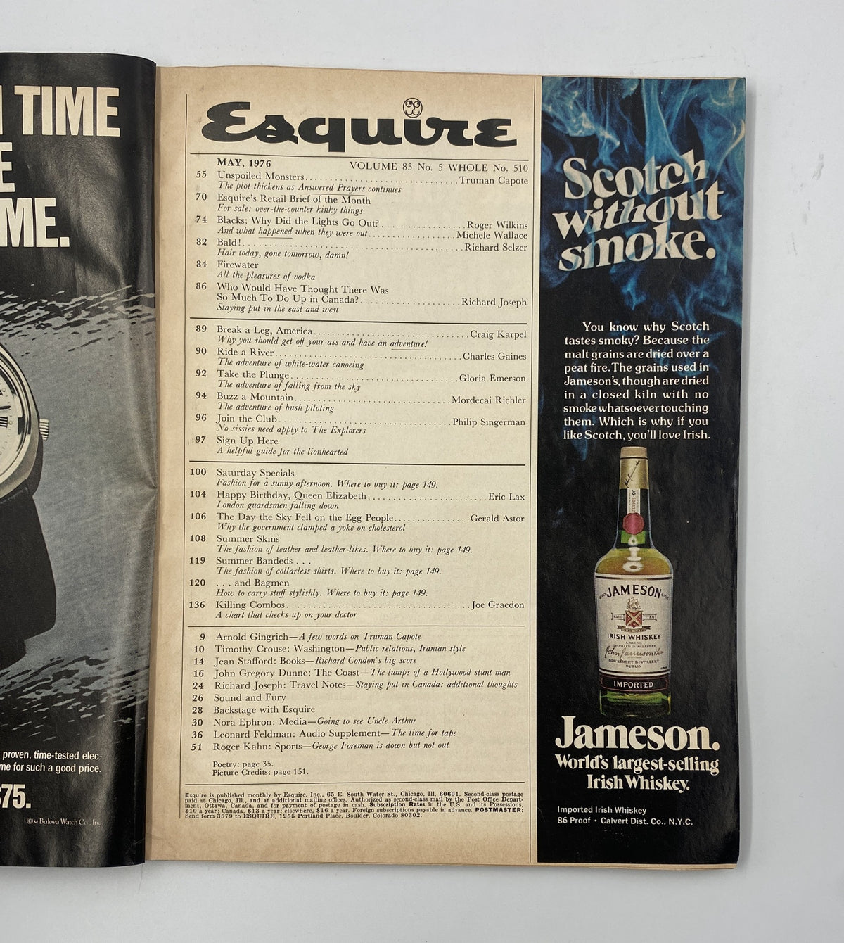 Inside page of Esquire Magazine, May 1976 showcasing the Table of Contents. Highlights include articles by Truman Capote, Richard Selzer, and others. An essential read for fashion and culture enthusiasts.
