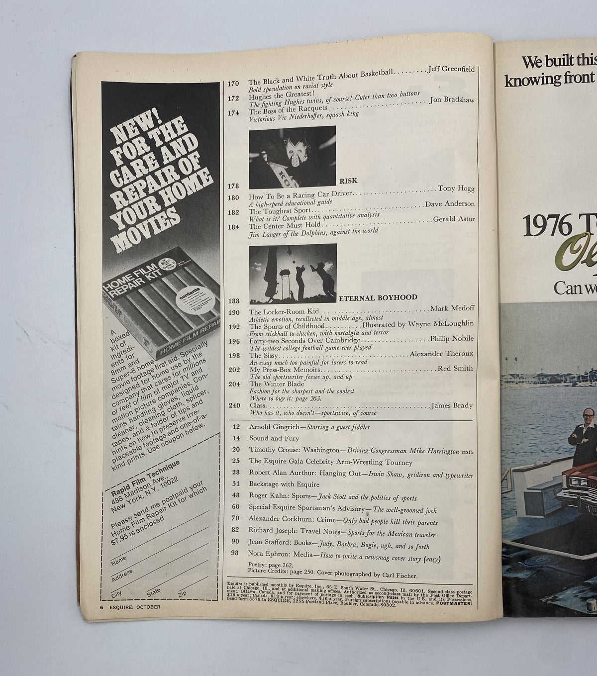 Inside page of Esquire Magazine October 1975 Special Issue The Joy of Sports showcasing the table of contents, including articles about basketball and racing.