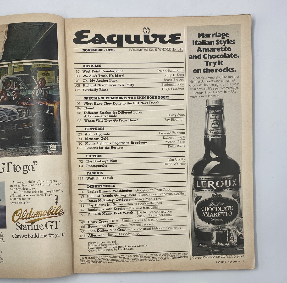 Inside spread of Esquire Magazine November 1976 showcasing the Table of Contents, featuring articles including 'West Point Counterpoint' and 'Monty Python’s Broadway Affair' as well as a special supplement on the Skin-Book Boom.