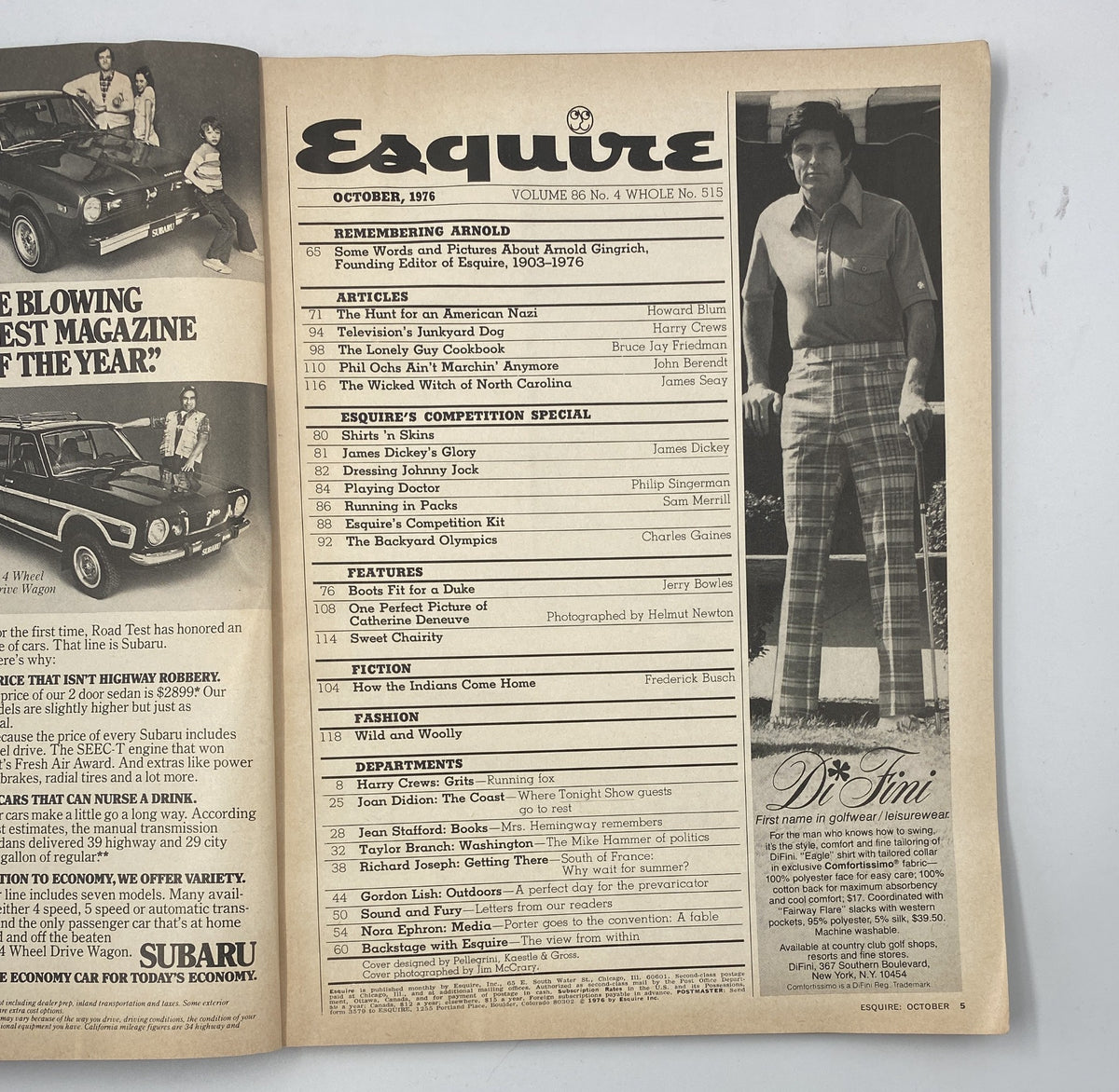 Inside page of Esquire Magazine October 1976 displaying the Table of Contents, featuring articles such as 'Remembering Arnold' and 'The Hunt for an American Nazi.' Vintage magazine publication insights.