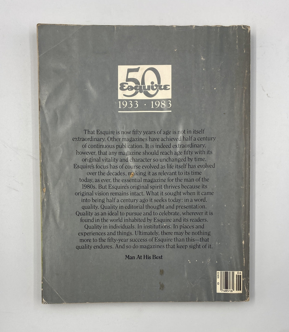 Back cover of Esquire Magazine June 1983 50th Anniversary Issue, showcasing the text 'Esquire is now fifty years of age' and reflecting on its historical significance from 1933 to 1983.