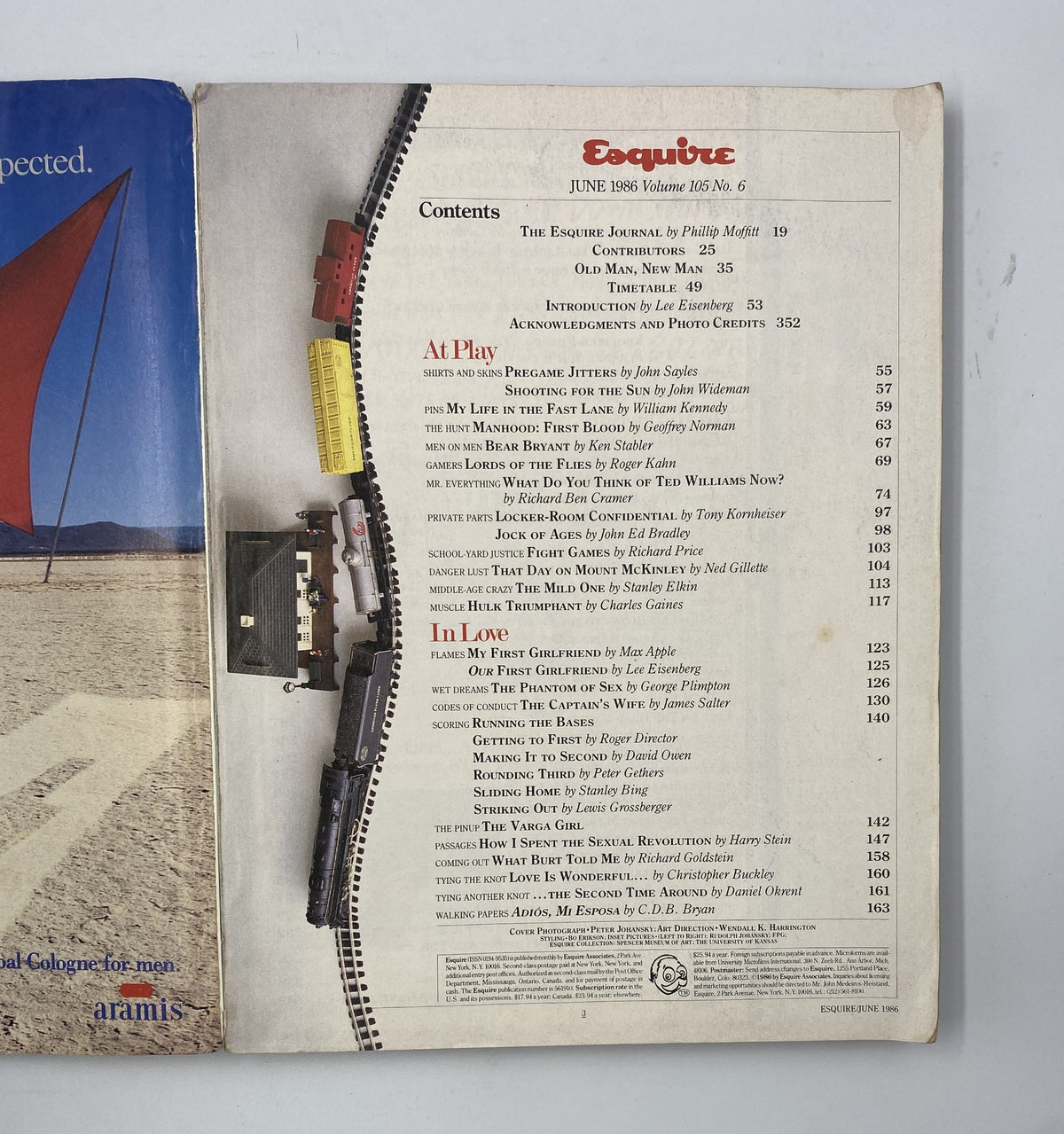 Inside contents page of Esquire Magazine June 1986, listing articles such as 'The Esquire Journal' and 'At Play', related to the theme 'The American Man 1946–1986'.